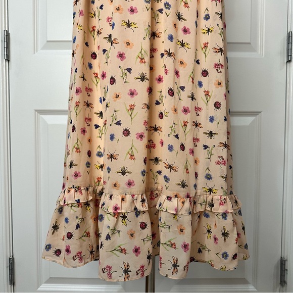 Betsey Johnson Peach Bug Floral Ruffle Tiered V-Neck Whimsical Midi Dress Size 8 - Picture 8 of 16